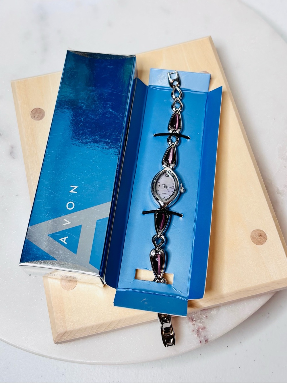 Avon Silver Bracelet Watch with Purple Moonstone Accents